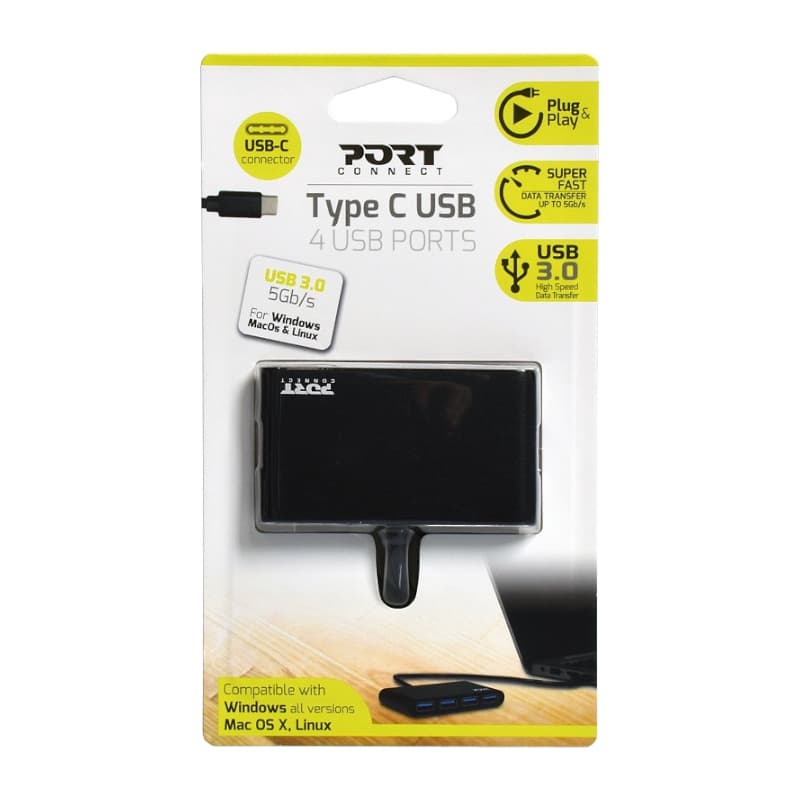 Port USB Type-C to 4 x USB3.0 5Gbps 30cm 4 Port Hub - Black — image 1