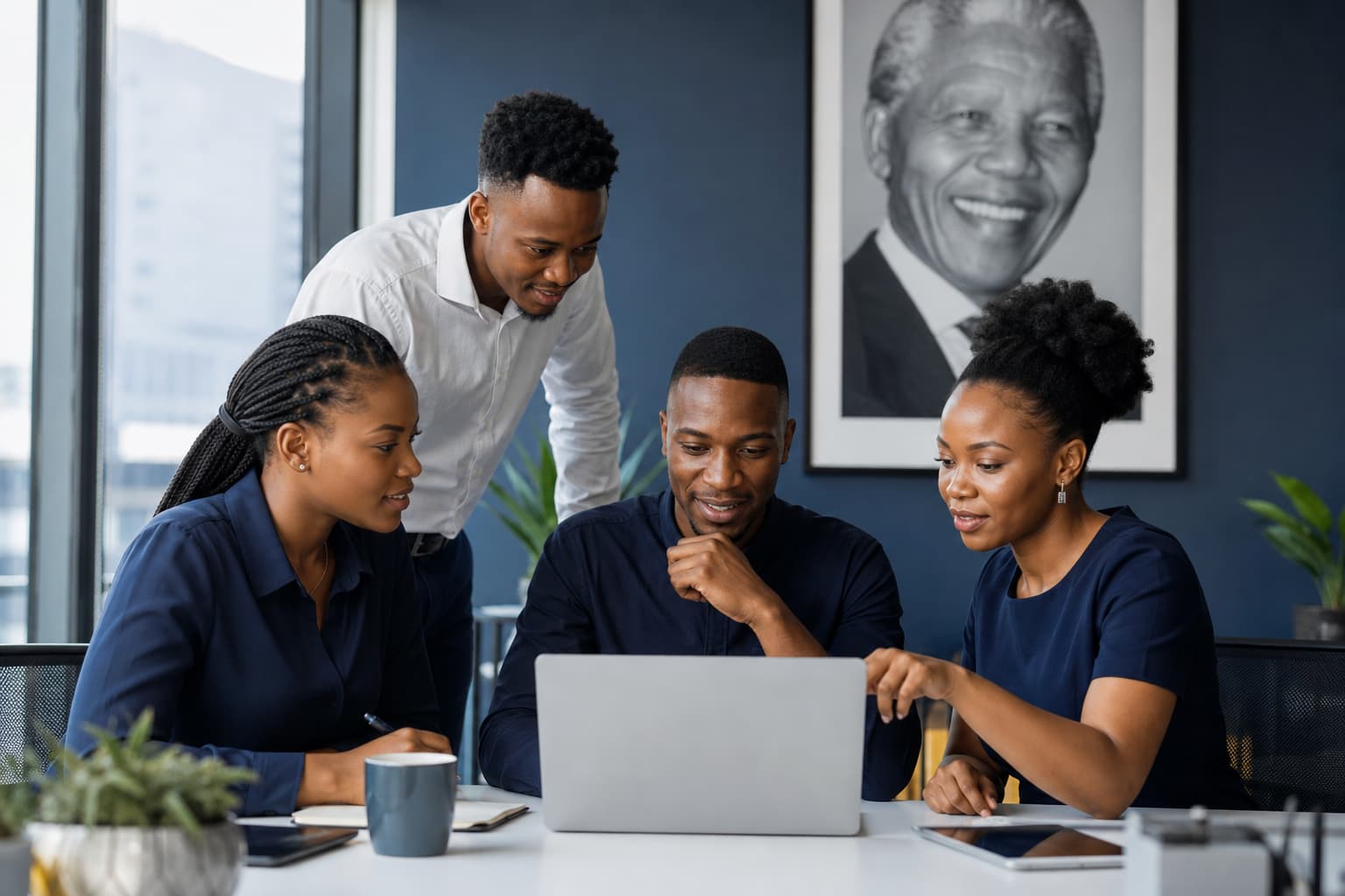 South African business team collaborating around technology during Nelson Mandela Month