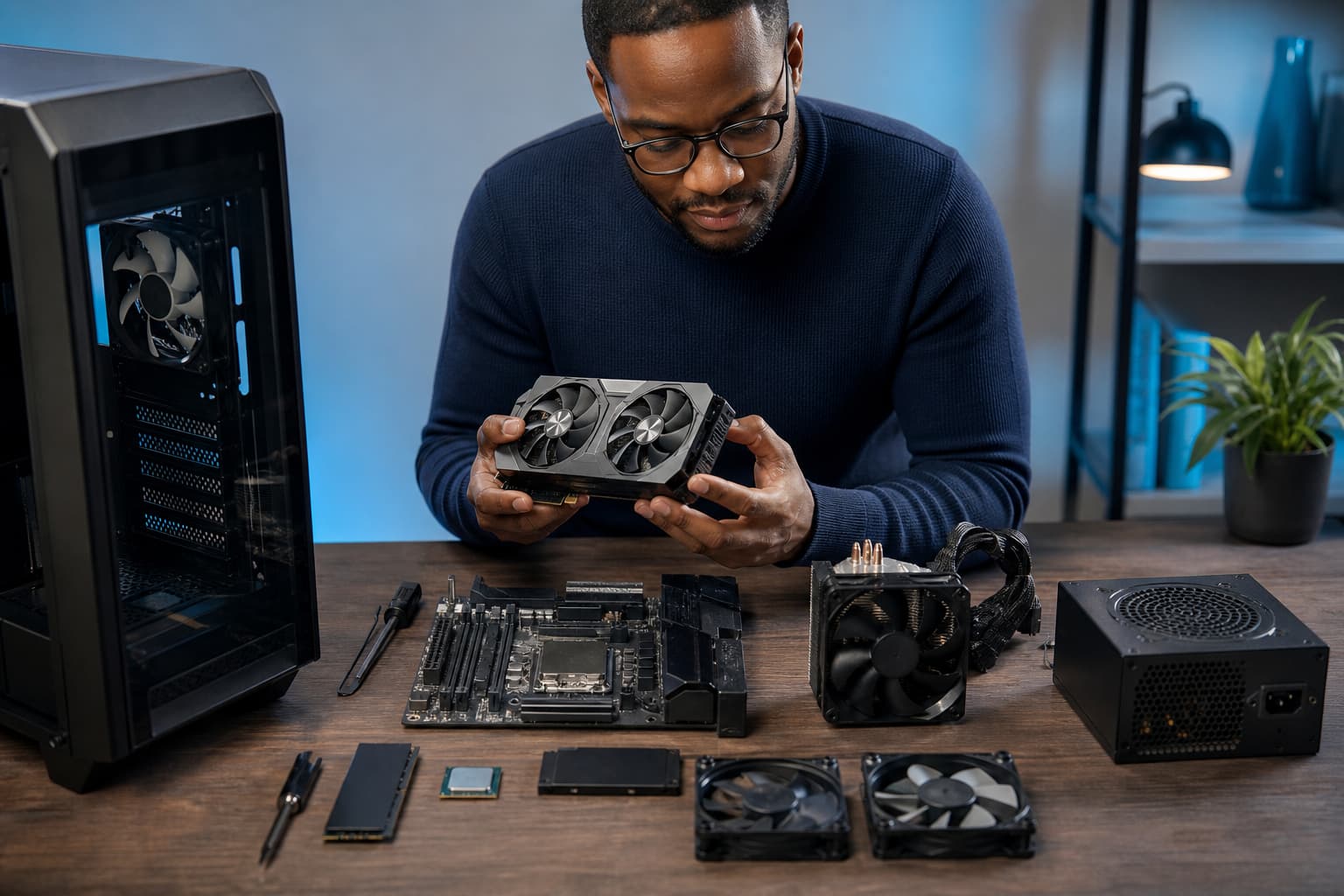 Computer components arranged for planning a custom PC build