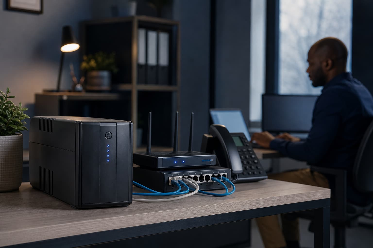 Small business office network equipment connected to an uninterruptible power supply during a power interruption