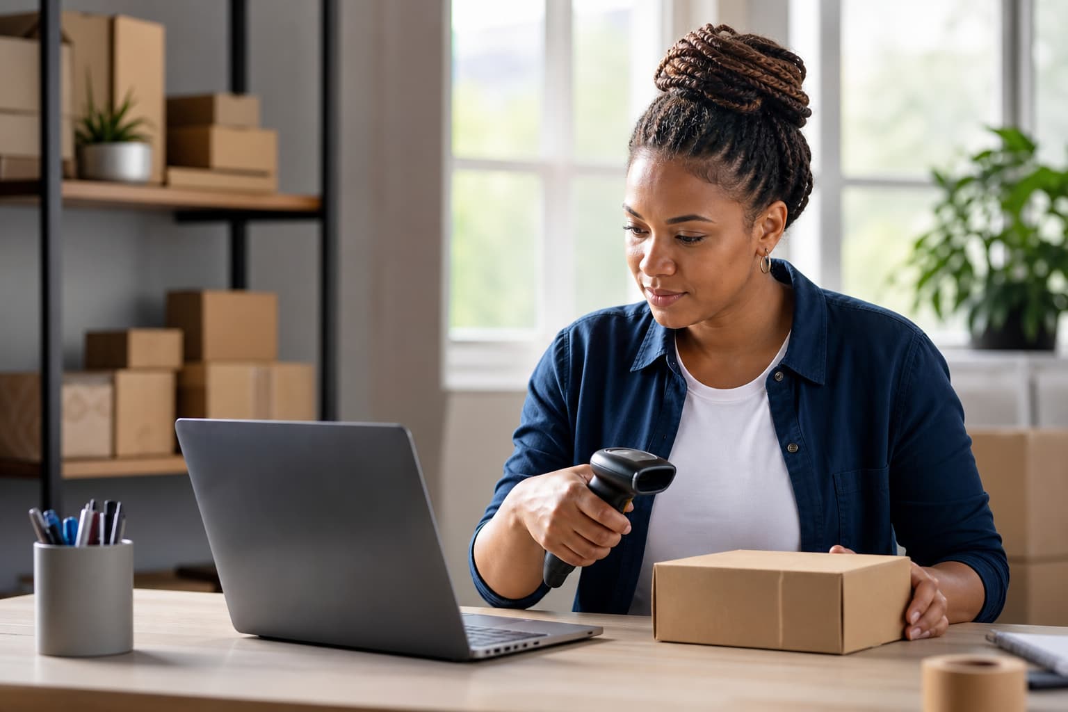 Small South African business owner using a laptop and barcode scanner to prepare Takealot orders