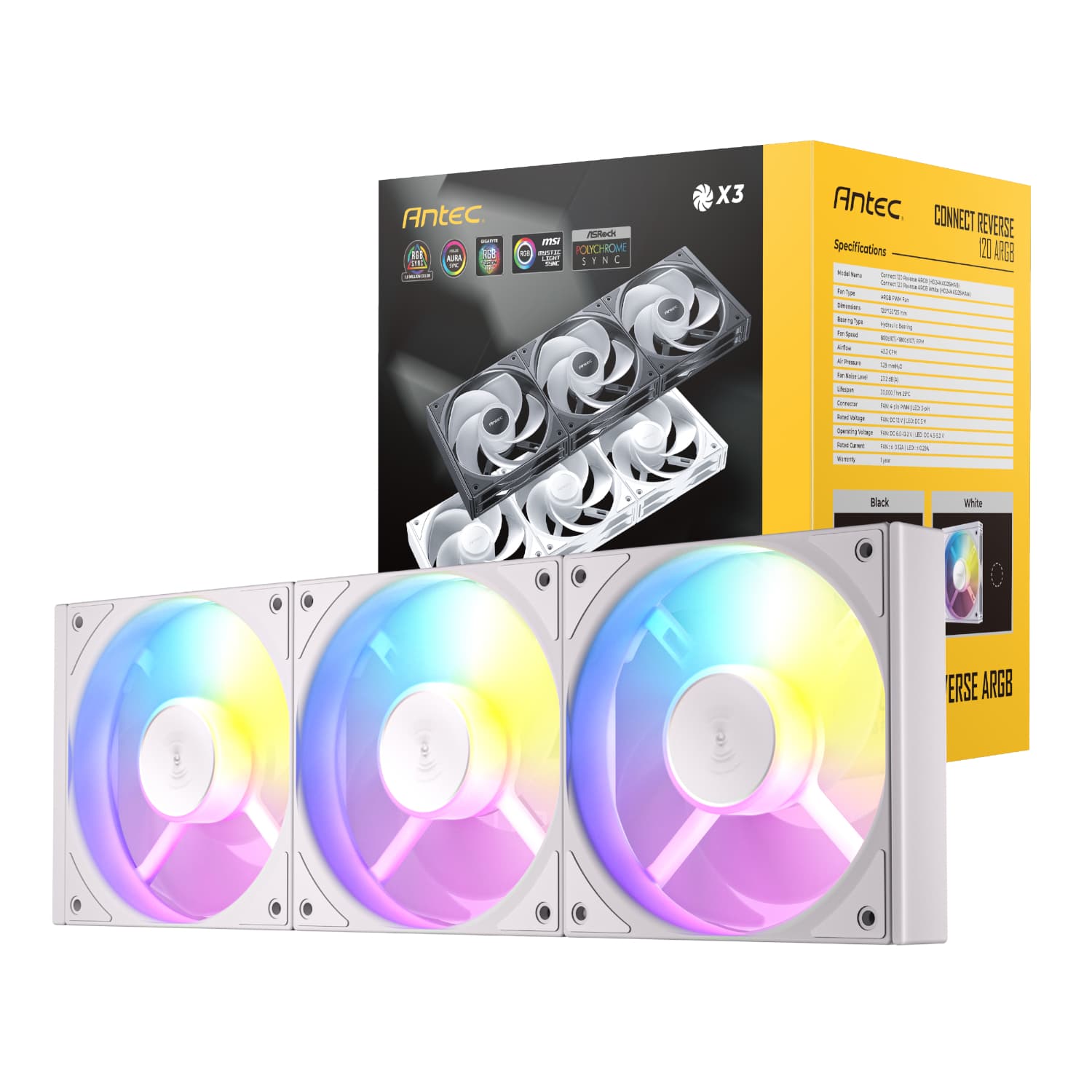 Antec Connect 120 Reverse ARGB PWM Fan 3 Pack – White — image 1