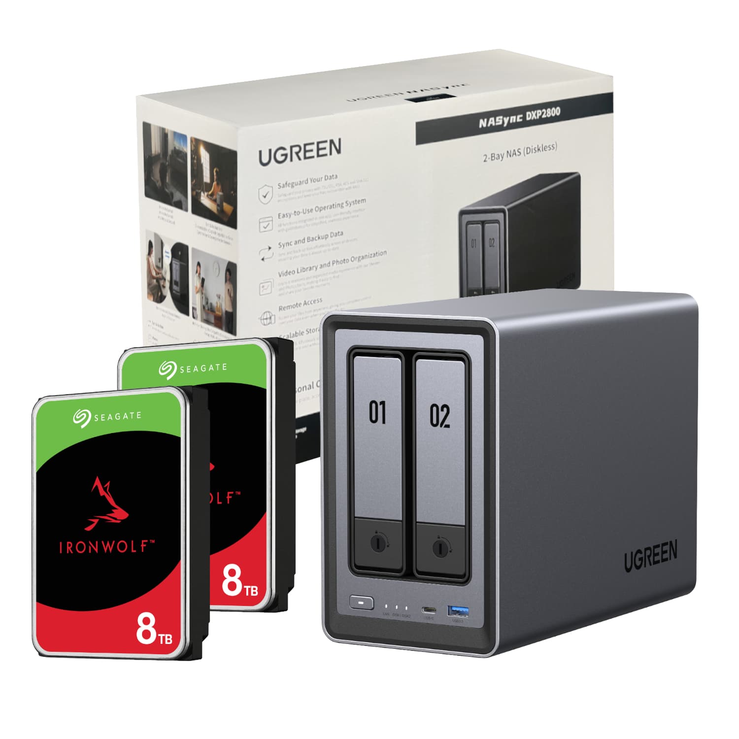 UGreen NASync DXP2800 2 Bay NAS with Seagate Ironwolf NAS 16TB SATA Hard Drive V2 Bundle (2x 8TB) — image 1